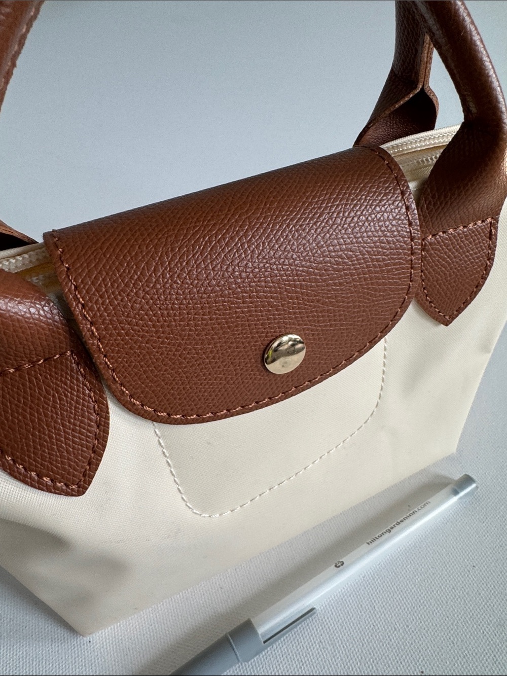 Cream Canvas Mini Bag with Brown Leather-Trim